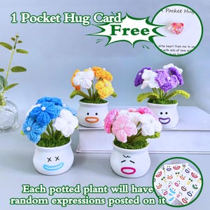 Puede incluir: Cuatro pequeñas plantas en macetas con flores de ganchillo en azul, amarillo, rosa y morado. Cada maceta blanca tiene una expresión facial diferente. El texto dice "1 Pocket Hug Card Free" y "Cada planta en maceta tendrá expresiones aleatorias publicadas en ella."