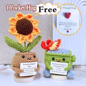 Benne à ordures faite main au crochet, feu/tournesol, poubelle brûlante, tournesol au crochet, carte câlin de poche, cadeau de remise des diplômes