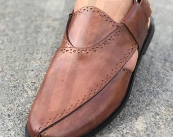 Handgefertigte Braune Leder Brogue Sandale | Peschawari Kheri Chappal