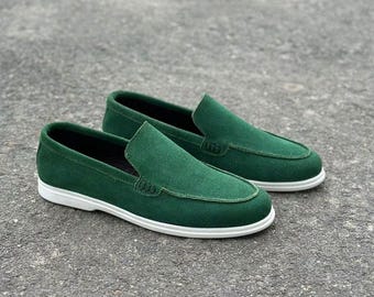 Men’s Green Slip-On Loafers | Casual Lightweight Driving Shoes | Comfortable Everyday Flats | Minimalist Modern Footwear | Gift for Him