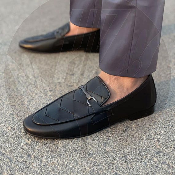 Handmade Black Leather Loafers: Mens Dress Shoes with Buckle