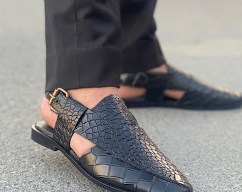 Men's Black Leather Peshawari Chappal Sandal – Croco Textured Genuine Leather Footwear
