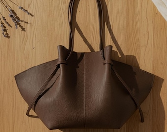 Borsa tote artigianale in similpelle, grande, marrone, da portare a tracolla, design minimalista