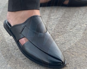 Sandalo mulo in pelle di vacchetta nera fatto a mano / Peshawari Chappal