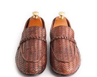 Brown Woven Leather Loafers Men | Intrecciato Penny Loafer Shoes | Handmade Slip On Dress Shoes | Gift for Him | Luxury Men's Loafers