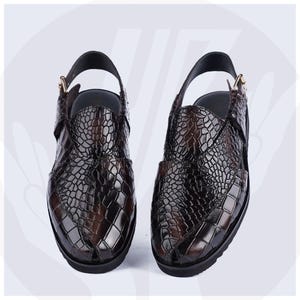 Handmade Brown Peshawari Chappal | Croc Texture | Genuine Cow Leather | Traditional Footwear | Leather Sandals, two tune shade, Gift for him