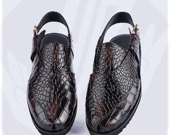 Sandálias Peshawari Chappal de couro com textura de crocodilo artesanal