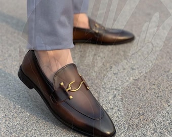 Handmade Burnished Brown And Black Leather Loafers: Mens Dress Shoes with Gold Accent