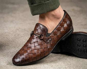 Men’s Handcrafted Woven Leather Loafers | Brown Braided Slip-On Dress Shoes with Horsebit Buckle | Intrecciato Dress Formal, gift for him