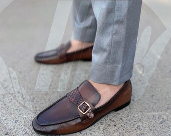 Handmade Brown Leather Loafers: Men's Moc Toe Dress Shoes with Buckle