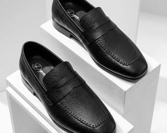 Leren penny loafers voor heren, zwarte geklede schoenen met kiezelstructuur, smart casual loafers met vierkante neus, handgemaakte instapschoenen voor mannen, cadeau voor hem