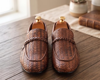 Brown Woven Leather Loafers Men | Intrecciato Penny Loafer Shoes | Handmade Slip On Dress Shoes | Gift for Him | Luxury Men's Loafers
