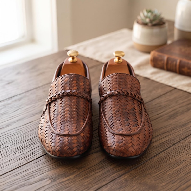 May include: A pair of brown leather loafers featuring a woven texture across the upper surface, a braided leather strap detail across the vamp, and a wooden shoe tree inserted into each shoe to maintain the shape of the footwear.