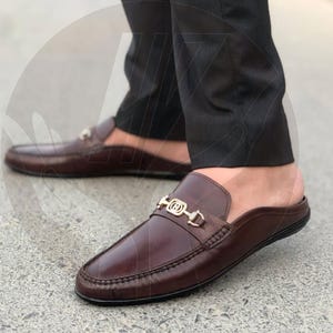 Handmade Men&#39;s Leather Mule Loafers | Brown Slip-On Backless Dress Shoes | Italian Style Bit Loafers for Men, gift for him, dad, bf or boss