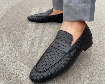 Handmade Black Knitted Leather Loafers: Breathable Penny Loafers
