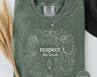 Respect the Locals Shirt, Vintage Pollinator Wreath Tee with Bee, Moth & Dragonfly Line Art, Botanical Nature Graphic T-Shirt
