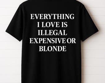 Everything I Love Is Illegal Expensive or Blonde Tee, Funny Graphic, Sarcastic Quote T-Shirt, Unisex Casual Top for Fashion Lovers & Gifts