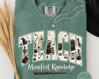 Wizard Teacher Shirt, Teach Manifest Knowledge Tee with Witch Hat & Spellbook Graphic, Magical Halloween Gift for Teachers