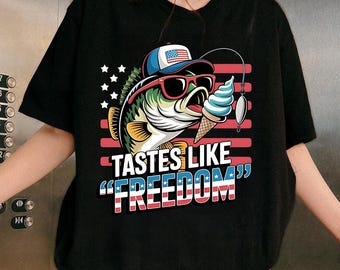 Tastes Like Freedom 4th of July Ice Cream Bass Fishing T-Shirt, USA Ice Cream Bass Shirt, Tastes Like Freedom, American Flag Fisherman Top