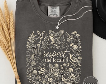 Respect the Locals Shirt, Woodland Wildlife Line Art Tee with Deer, Owl & Bee Graphic, Vintage Forest Nature T-Shirt