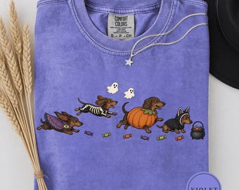 Halloween Dachshund Shirt, Wiener Dog Costume Tee, Spooky Fall Dog Graphic T-Shirt, Funny Dachshund Mom Gift, Retro Halloween Dog Lover Tee