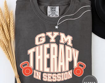 Gym Therapy In Session Shirt, Funny Kettlebell Workout Tee, Retro Varsity Gym Humor T-Shirt for Fitness Lovers