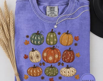 Celestial Pumpkin Shirt, Mystical Fall Pumpkin Tee, Boho Autumn Graphic Shirt, Moon Sun Stars Pumpkin Tee, Witchy Fall Season Shirt