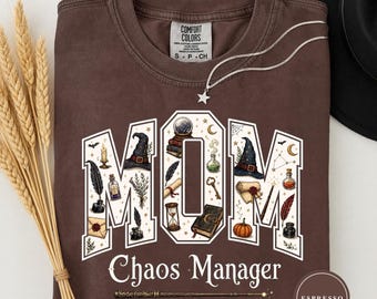 Wizard Mom Shirt, Mom Chaos Manager Tee with Witch Hat & Spellbook Graphic, Funny Magical Halloween Gift for Moms