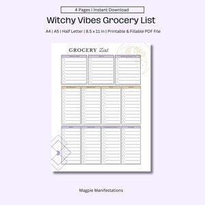 Witchy Vibes Grocery List, Grocery Planner, Printable Grocery List, Food Shopping List, Instant Download PDF