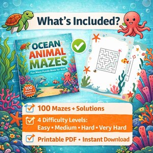 Peut inclure: Illustration colorée d'un livre de puzzles "Ocean Animal Mazes" pour enfants, avec une tortue, une pieuvre et un dauphin. L'image met en évidence 100 labyrinthes avec solutions, 4 niveaux de difficulté et un PDF imprimable.