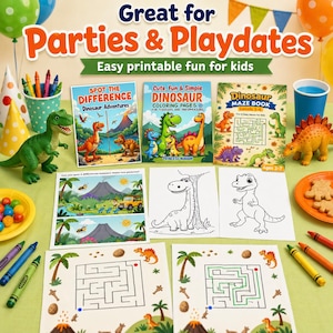 May include: A collection of dinosaur-themed party supplies and activities. Includes coloring books, maze books, and "Spot the Difference" games. The image also features toy dinosaurs, crayons, and party hats. Text reads "Great for Parties & Playdates."
