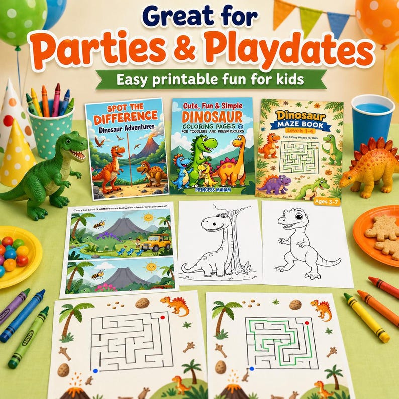May include: A collection of dinosaur-themed party supplies and activities. Includes coloring books, maze books, and "Spot the Difference" games. The image also features toy dinosaurs, crayons, and party hats. Text reads "Great for Parties & Playdates."