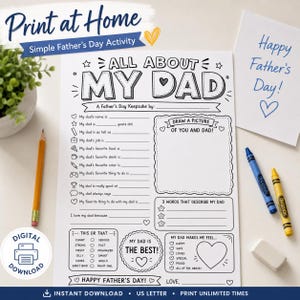 Op de afbeelding: Een zwart-wit printbaar Vaderdag-activiteitenblad met de tekst "All About My Dad". Bevat invulvakken, een tekengebied en de tekst "Happy Father's Day!". Bevat ook een potlood, kleurpotloden en een gum.