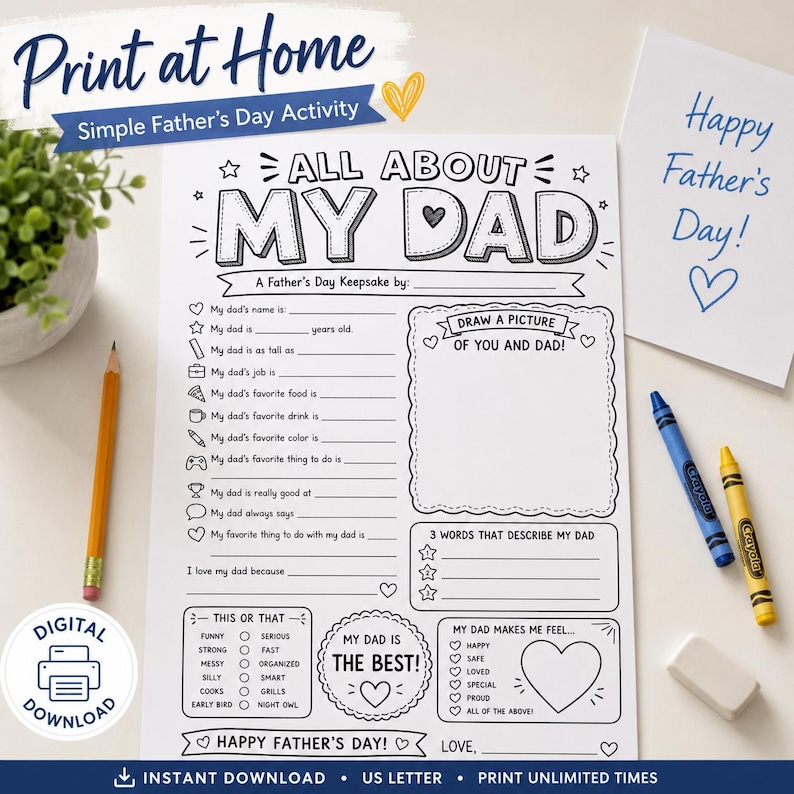 Op de afbeelding: Een zwart-wit printbaar Vaderdag-activiteitenblad met de tekst "All About My Dad". Bevat invulvakken, een tekengebied en de tekst "Happy Father's Day!". Bevat ook een potlood, kleurpotloden en een gum.