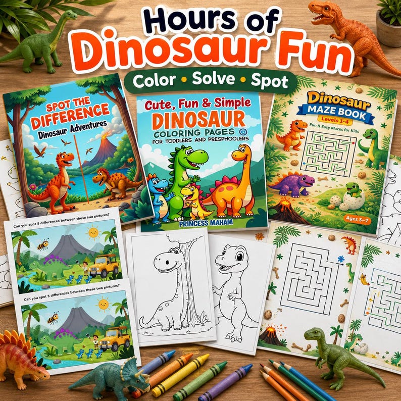 May include: A collection of children's activity books with dinosaur themes. The books include coloring pages, mazes, and spot-the-difference games. The covers feature colorful illustrations of dinosaurs and the text "Hours of Dinosaur Fun". Crayons and toy dinosaurs are also visible.