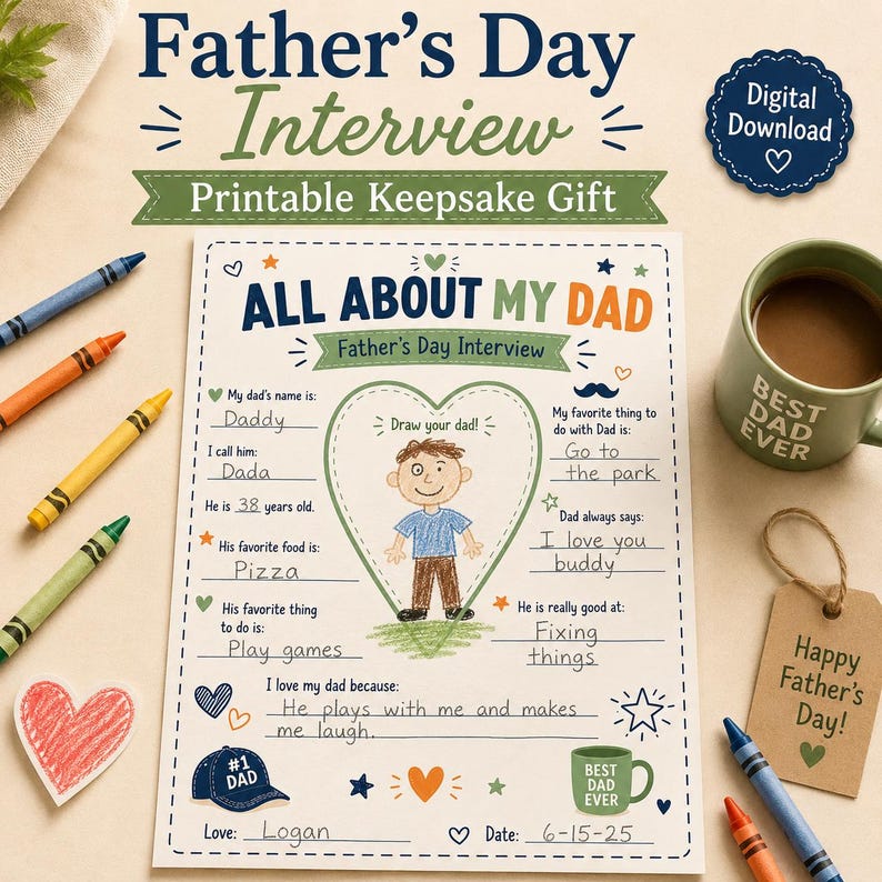 A Father's Day interview sheet with the title "All About My Dad". The sheet includes fill-in-the-blank sections and a space to draw a picture. A mug that says "Best Dad Ever" and crayons are also visible.