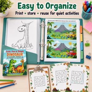 May include: A teal binder with dinosaur coloring pages, mazes, and a coloring book. The book cover reads "Cute, Fun & Simple DINOSAUR Coloring Pages for Toddlers and Preschoolers." The pages include a dinosaur drawing, spot-the-difference scenes, and mazes.
