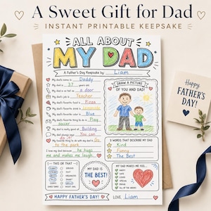 Op de afbeelding: Een printbaar Vaderdag aandenken met de titel "All About My Dad". Het ontwerp bevat invulvelden voor persoonlijke details, een tekening van een vader en kind en een kleine kaart met de tekst "Happy Father's Day!"