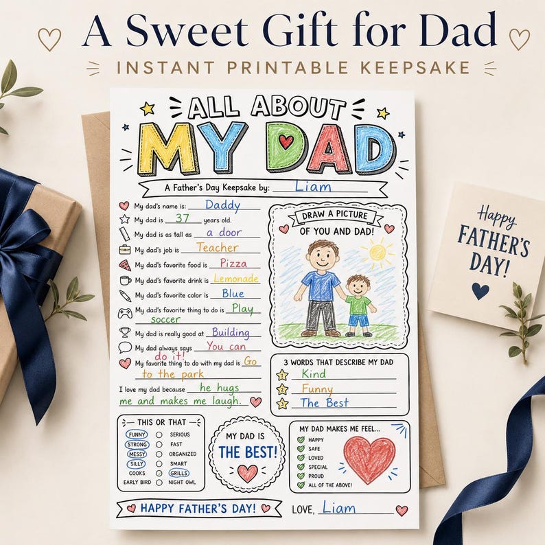 Op de afbeelding: Een printbaar Vaderdag aandenken met de titel "All About My Dad". Het ontwerp bevat invulvelden voor persoonlijke details, een tekening van een vader en kind en een kleine kaart met de tekst "Happy Father's Day!"