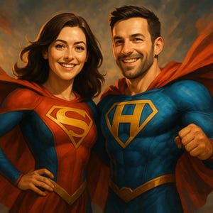Custom Superhero Couple Portrait: Personalized Digital Art (Downloadable JPG & PNG
