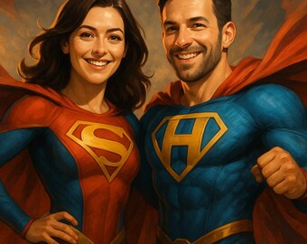 Custom Superhero Couple Portrait: Personalized Digital Art (Downloadable JPG & PNG