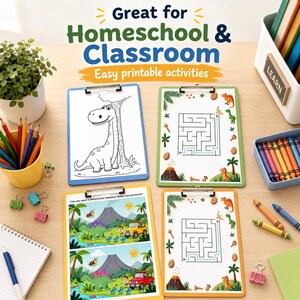 May include: Four colorful clipboards with printable activities for kids. One clipboard has a dinosaur drawing, two have mazes, and one has a spot-the-difference game. The text at the top says "Great for Homeschool & Classroom" and "Easy printable activities".