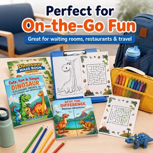 May include: A collection of children's activity books and coloring pages featuring dinosaurs. Includes a maze book, coloring pages, and a 'Spot the Difference' book. Also shown are colored pencils, crayons, a blue clipboard, a blue backpack, and a blue water bottle.