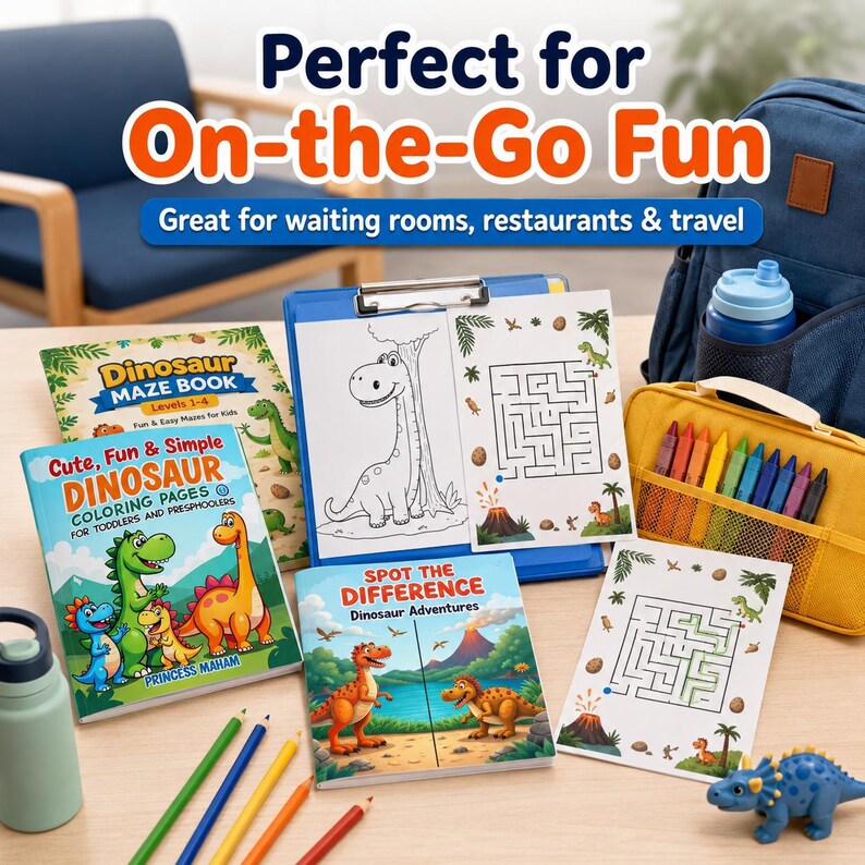 May include: A collection of children's activity books and coloring pages featuring dinosaurs. Includes a maze book, coloring pages, and a 'Spot the Difference' book. Also shown are colored pencils, crayons, a blue clipboard, a blue backpack, and a blue water bottle.