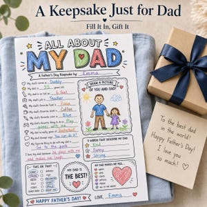 Op de afbeelding: Een Vaderdag aandenkenblad met de woorden "All About My Dad" in kleurrijke letters. Het blad bevat invulvakken over de naam, leeftijd, baan en favoriete dingen van de vader. Een geschenkdoos en een kaart staan ook in de afbeelding.