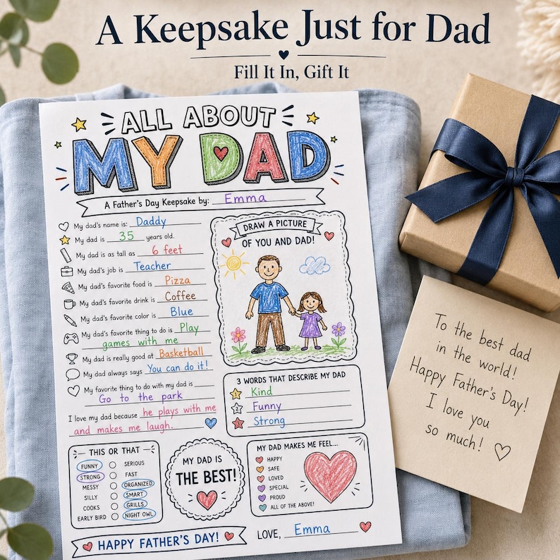 Op de afbeelding: Een Vaderdag aandenkenblad met de woorden "All About My Dad" in kleurrijke letters. Het blad bevat invulvakken over de naam, leeftijd, baan en favoriete dingen van de vader. Een geschenkdoos en een kaart staan ook in de afbeelding.