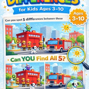 Peut inclure: Couverture colorée d'un livre d'activités pour enfants avec le titre "Spot the Differences" et le texte "for Kids Ages 3-10". L'image présente une caserne de pompiers, un camion de pompiers, des pompiers et un chien dalmatien. Le livre comprend 25 puzzles amusants.