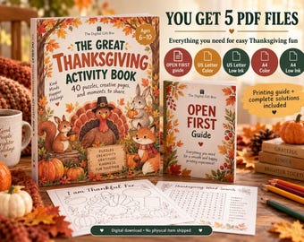Thanksgiving Activity Book for Kids Ages 6–10, 40 Games & Puzzles, Letter + A4 PDF