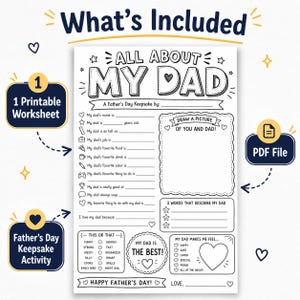 Op de afbeelding: Zwart-wit printbaar Vaderdag werkblad getiteld "All About My Dad". Bevat invulvelden voor persoonlijke details, een tekenruimte en een "Dit of Dat" sectie. Voorzien van een "PDF-bestand" icoon.