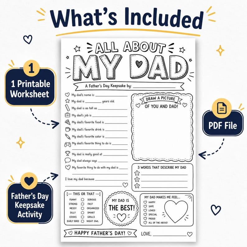 Op de afbeelding: Zwart-wit printbaar Vaderdag werkblad getiteld "All About My Dad". Bevat invulvelden voor persoonlijke details, een tekenruimte en een "Dit of Dat" sectie. Voorzien van een "PDF-bestand" icoon.